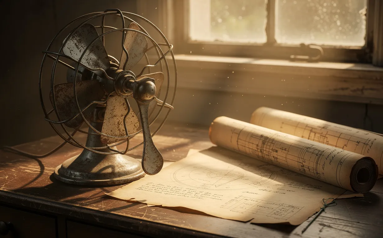Un ventilateur vintage à manivelle est posé sur un bureau en bois près de vieux plans, éclairé par la lumière dorée d’une fenêtre ancienne.