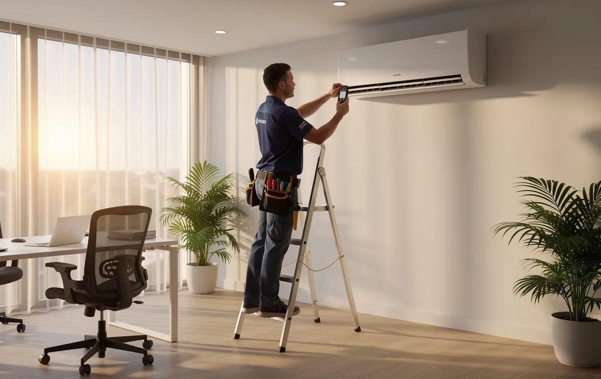 Un technicien ajuste un climatiseur mural dans un bureau lumineux de Loire-Atlantique.