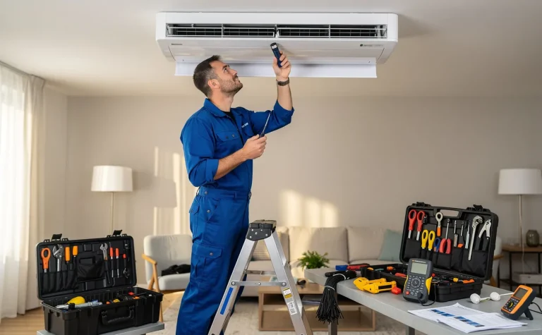 Un technicien en bleu contrôle une unité de ventilation moderne au plafond dans un espace de travail bien rangé.