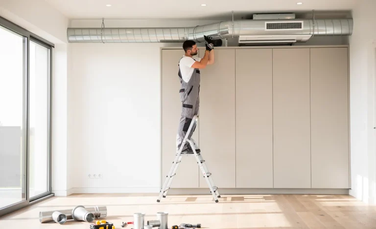 Un technicien installe une VMC moderne dans une maison lumineuse et épurée, ajustant des conduits métalliques sous une lumière naturelle.