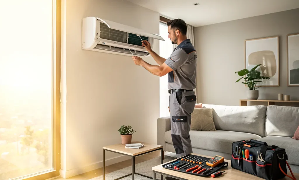 Un technicien en uniforme vérifie un climatiseur réversible mural dans un salon moderne baigné de lumière avec ses outils posés à côté.
