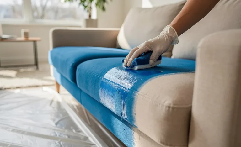 Une personne applique soigneusement une teinture bleue sur un canapé beige à l’aide d’une éponge, dans un salon moderne baigné de lumière naturelle.