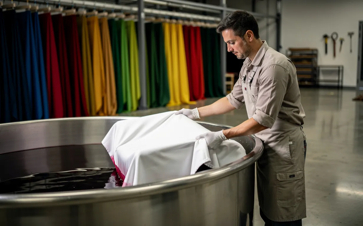 Un professionnel en gants plonge délicatement une housse de canapé blanche dans une grande cuve à teinture en acier, entouré de tissus colorés suspendus dans un atelier moderne.