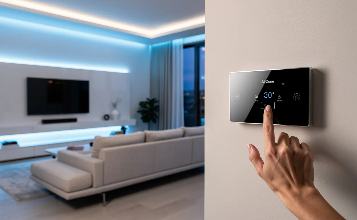 Une main ajuste le thermostat Airzone sur le mur d’un salon moderne baigné de lumière bleutée.