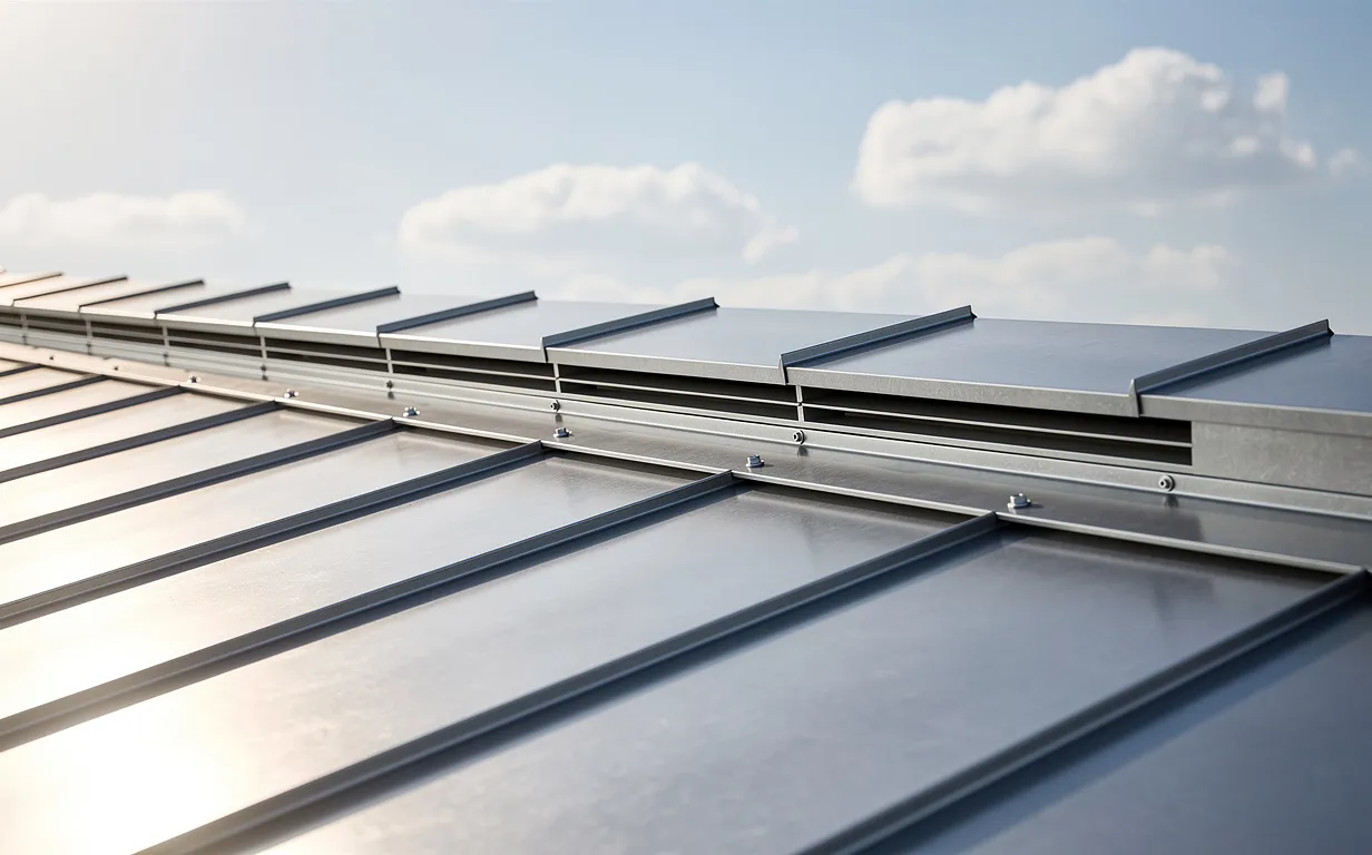 Toit en zinc avec des fentes de ventilation visibles au faîtage, éclairé par la lumière du soleil sous un ciel nuageux.