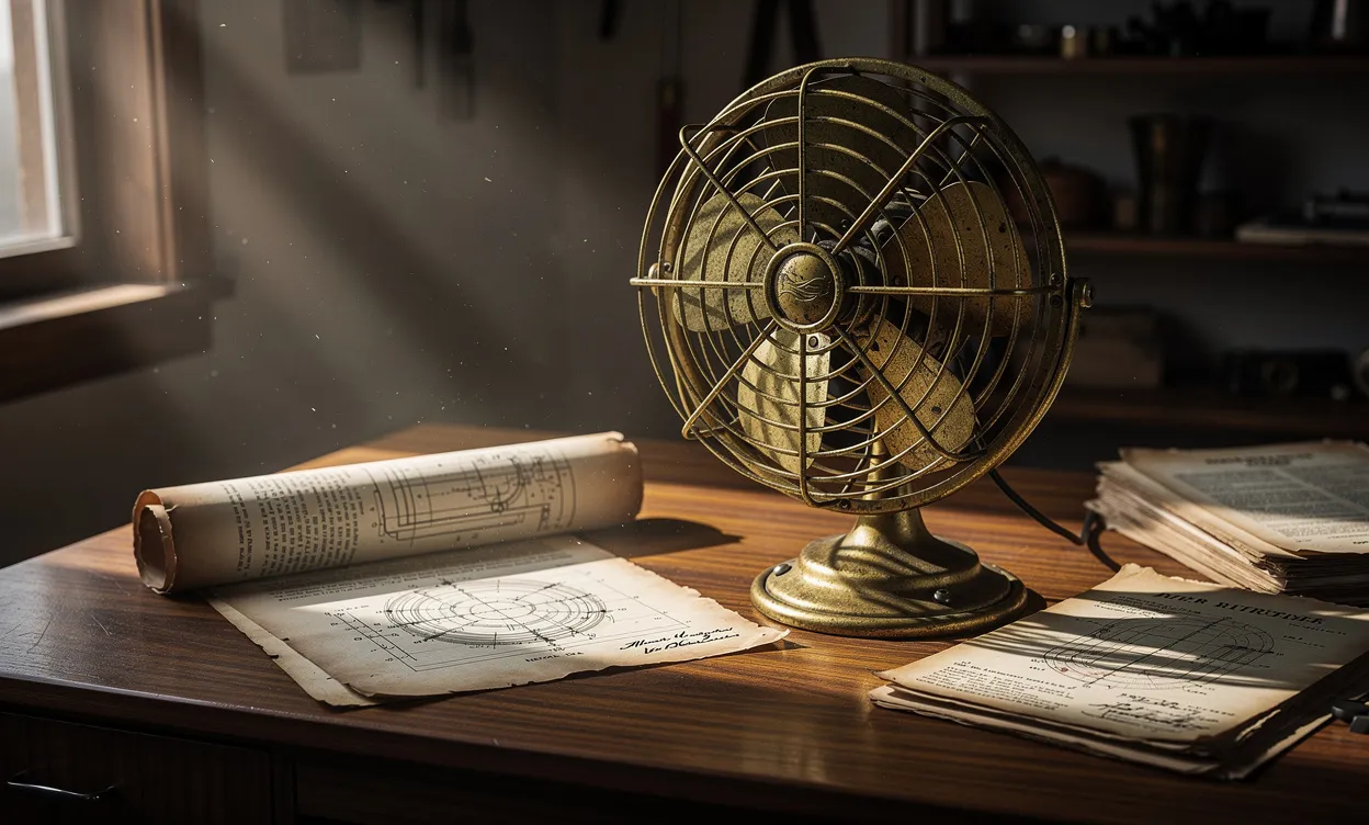 Un ventilateur en laiton ancien repose sur un bureau en bois à côté de plans et de brevets sous la lumière du soleil entrant par la fenêtre.