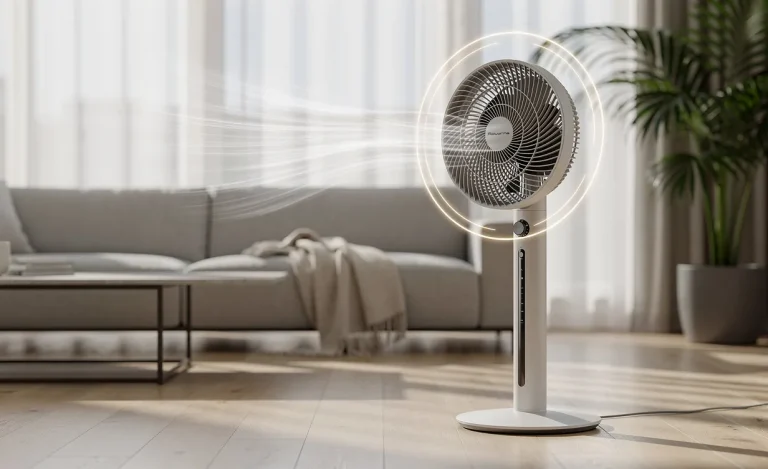 Ventilateur Rowenta élégant dans un salon moderne baigné de lumière, illustrant une fonction anti-moustique avec de légers halos lumineux autour de l’appareil.