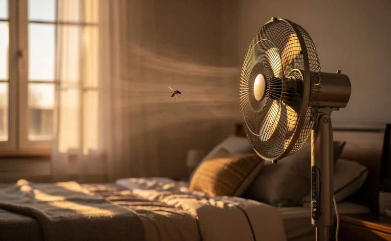 Un ventilateur moderne souffle doucement dans une chambre éclairée par la lumière dorée du soir, tandis qu'un moustique plane à proximité.