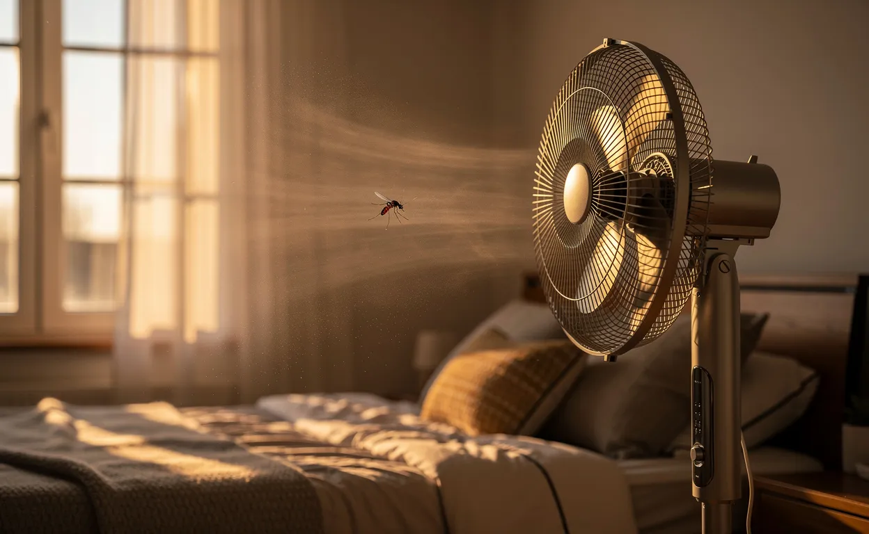 Un ventilateur moderne souffle doucement dans une chambre éclairée par la lumière dorée du soir, tandis qu'un moustique plane à proximité.