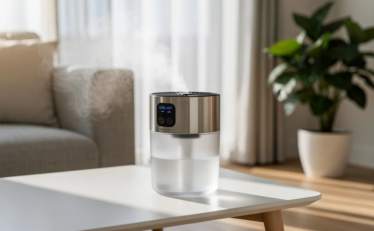 Un ventilateur à réservoir d’eau diffuse une brume fraîche sur une table moderne dans un salon baigné de lumière naturelle.