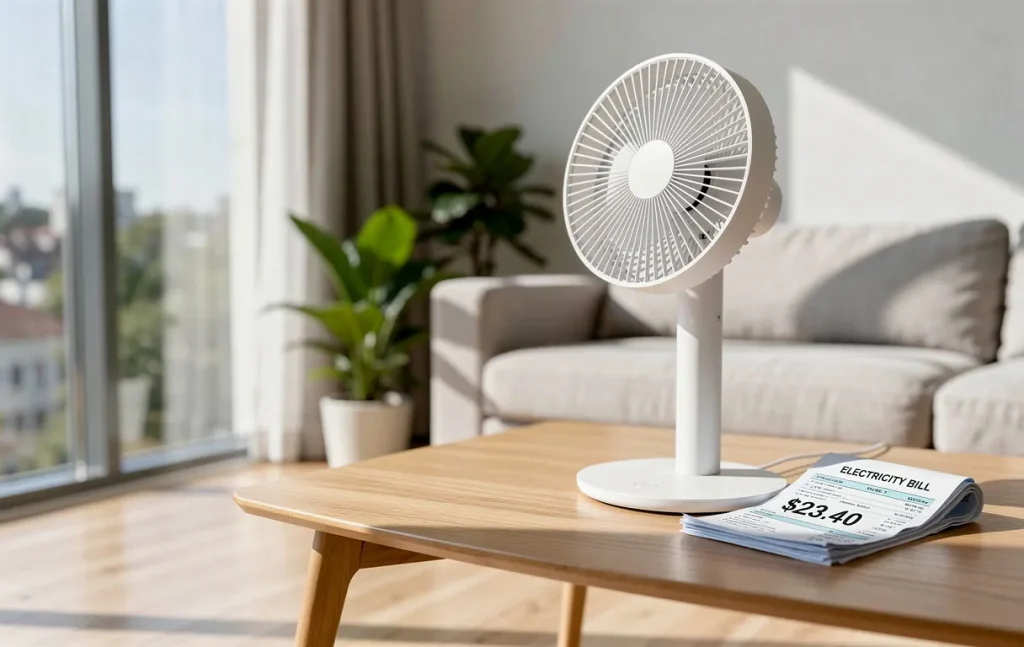 Un ventilateur moderne à basse consommation posé sur une table épurée dans un salon lumineux, avec une facture d’électricité affichant un faible montant à côté.