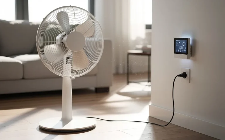 Un ventilateur électrique moderne tourne doucement dans un salon lumineux avec son câble branché et un compteur d'énergie allumé à proximité.