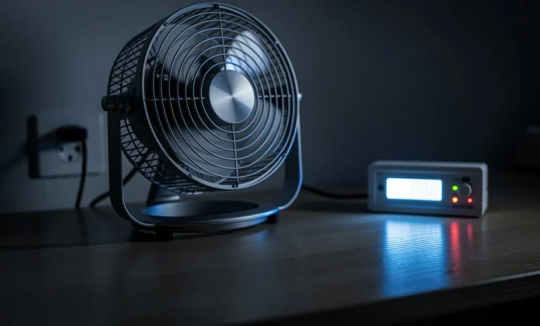 Un ventilateur moderne tourne doucement à côté d’un compteur électrique lumineux sur un bureau en bois faiblement éclairé.
