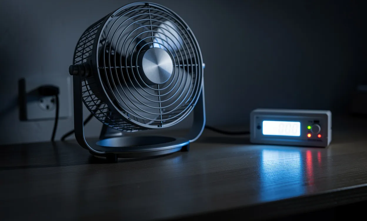 Un ventilateur moderne tourne doucement à côté d’un compteur électrique lumineux sur un bureau en bois faiblement éclairé.