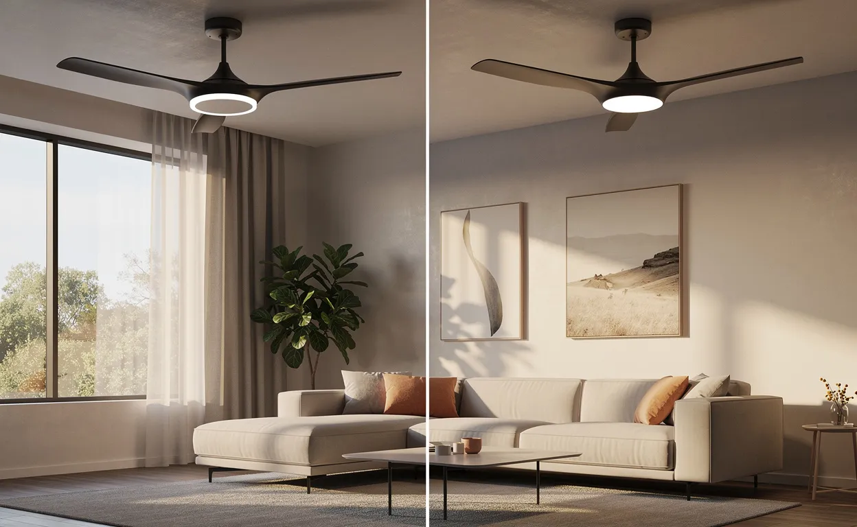 Ventilateurs de plafond modernes, dont un avec lumière LED intégrée, installés dans un salon contemporain baigné de lumière naturelle.