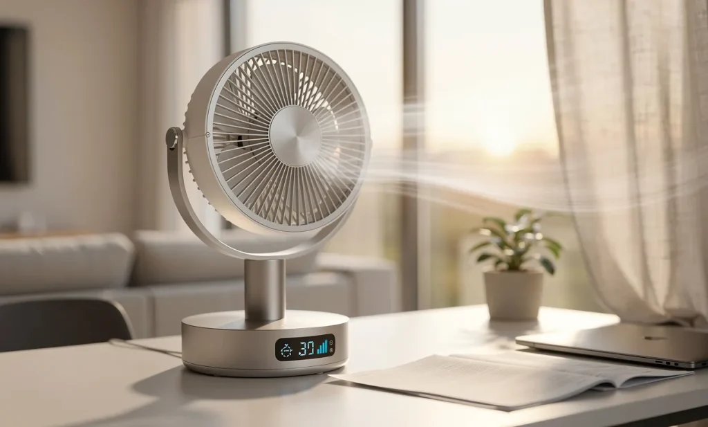 Un ventilateur moderne posé sur un bureau épuré affiche différentes vitesses grâce à un écran lumineux et diffuse de l’air frais dans un salon baigné de lumière naturelle.