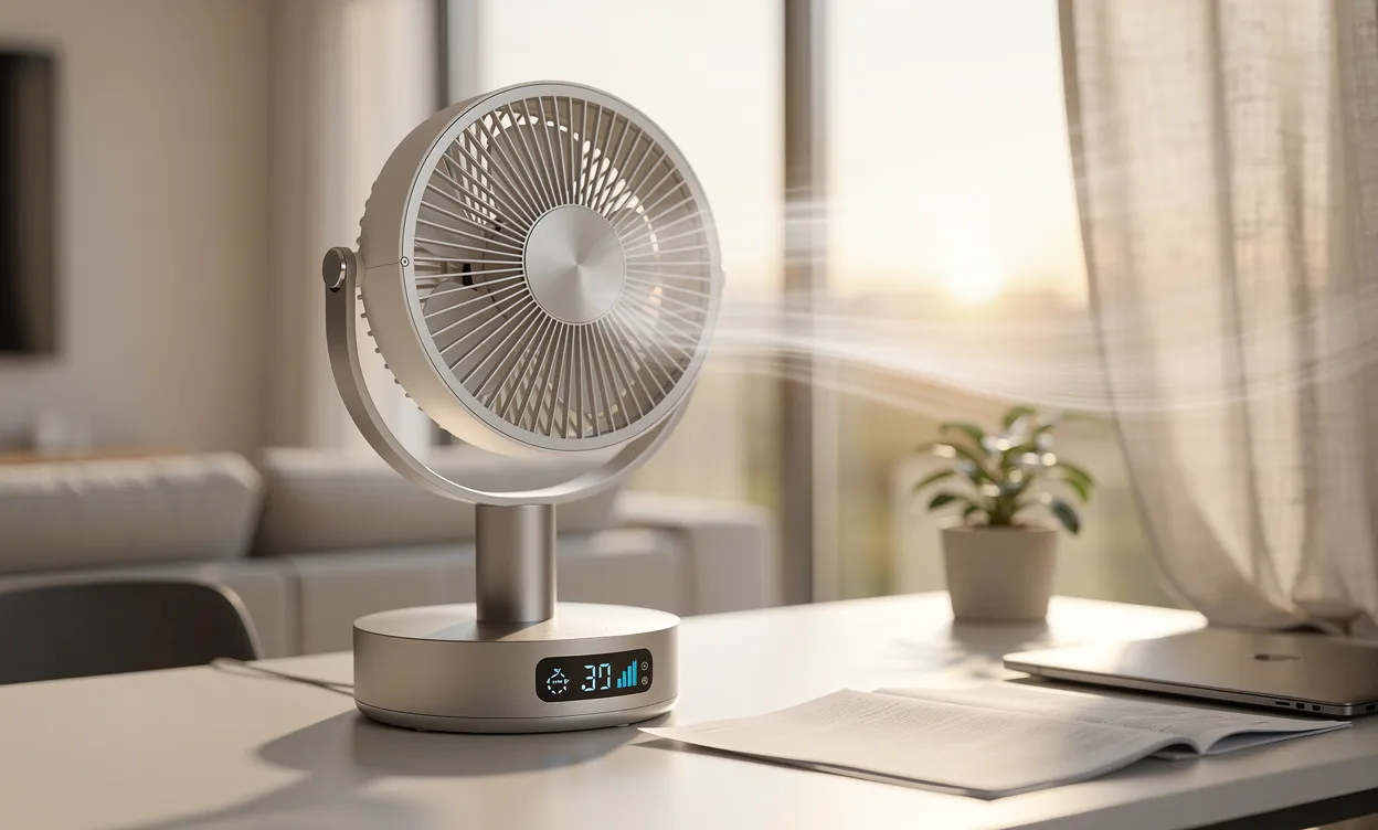 Un ventilateur moderne posé sur un bureau épuré affiche différentes vitesses grâce à un écran lumineux et diffuse de l’air frais dans un salon baigné de lumière naturelle.
