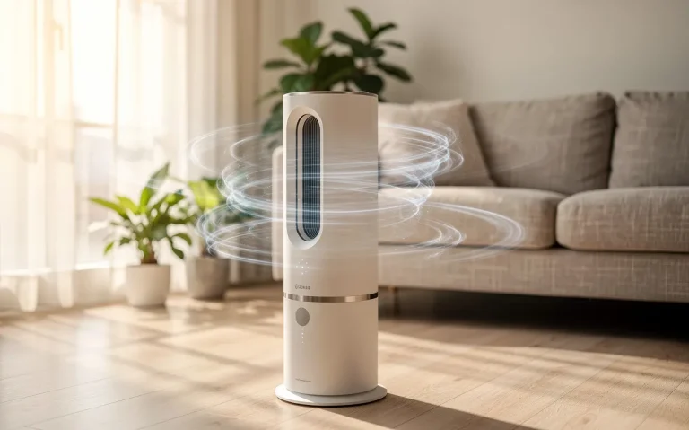 Un ventilateur ioniseur moderne souffle de l’air frais dans un salon lumineux baigné de lumière naturelle.