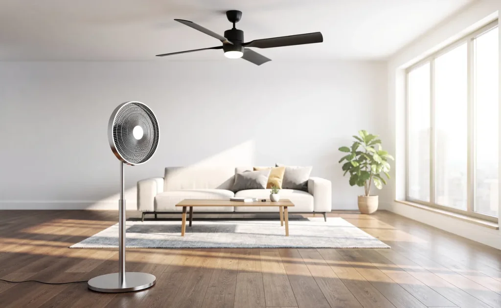 Un ventilateur de plafond moderne et un ventilateur sur pied se trouvent côte à côte dans un salon lumineux avec parquet éclairé par la lumière naturelle.