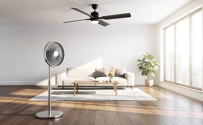 Un ventilateur de plafond moderne et un ventilateur sur pied se trouvent côte à côte dans un salon lumineux avec parquet éclairé par la lumière naturelle.