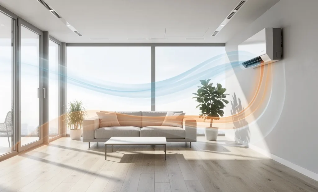 Un salon moderne et épuré avec une unité de ventilation double flux visible et des lignes d’air illustrant la circulation dans la pièce.