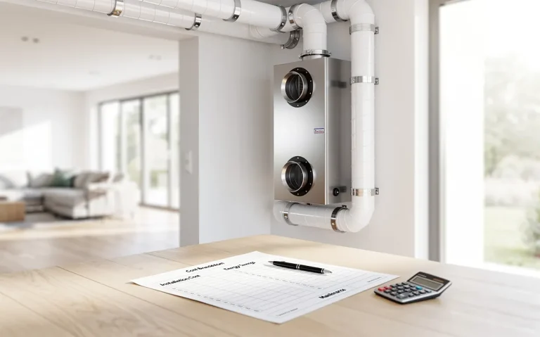 Un logement moderne de 200 m² avec une unité de ventilation double flux, des conduits d’air apparents et un tableau de répartition des coûts posé sur une table.
