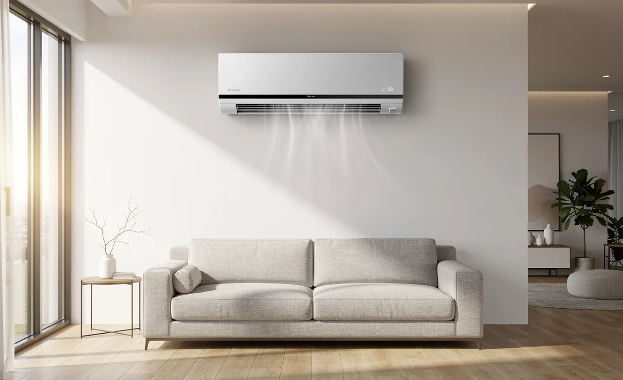 Un dispositif de ventilation mécanique moderne fixé au mur d’un salon lumineux diffuse de l’air frais à travers des bouches discrètes.