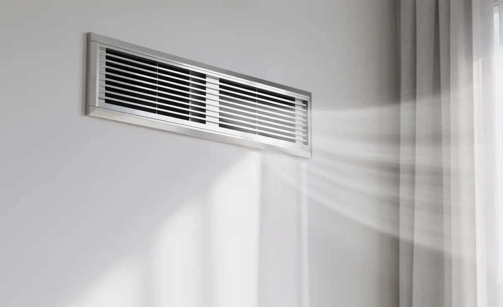 Un système de ventilation moderne fixé à un mur intérieur diffuse de l’air frais par une bouche d’aération.