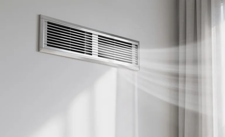 Un système de ventilation moderne fixé à un mur intérieur diffuse de l’air frais par une bouche d’aération.