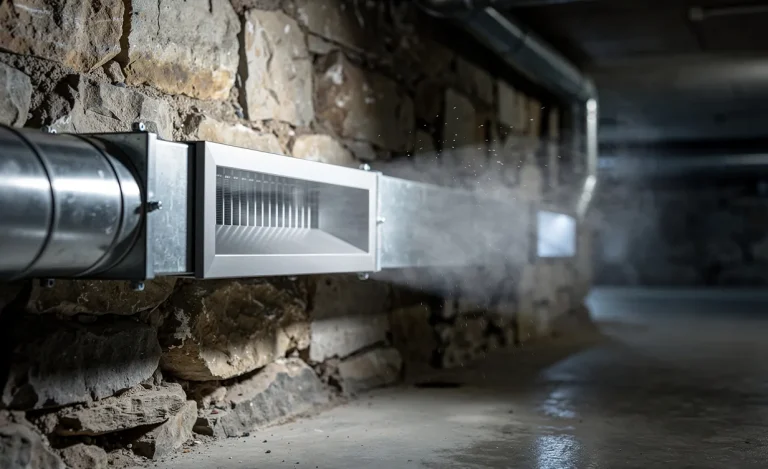 Système de ventilation mécanique moderne installé le long d’un mur de pierre de sous-sol, éclairé par une lumière diffuse et traversé par une légère brume.