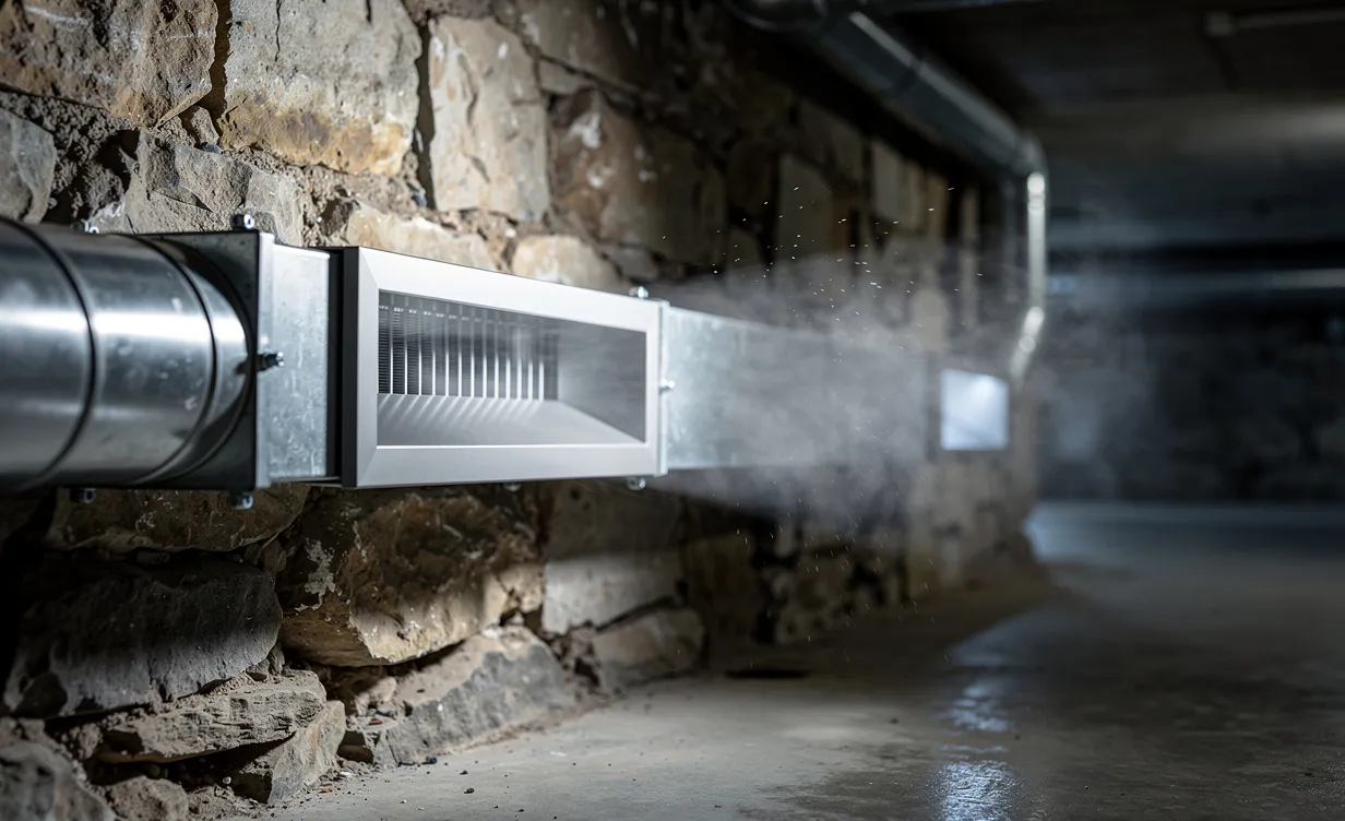 Système de ventilation mécanique moderne installé le long d’un mur de pierre de sous-sol, éclairé par une lumière diffuse et traversé par une légère brume.