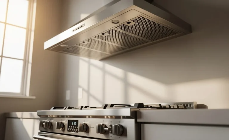 Gros plan sur une hotte de cuisine moderne en métal placée au-dessus d’une cuisinière en inox, éclairée par la lumière d’une fenêtre.