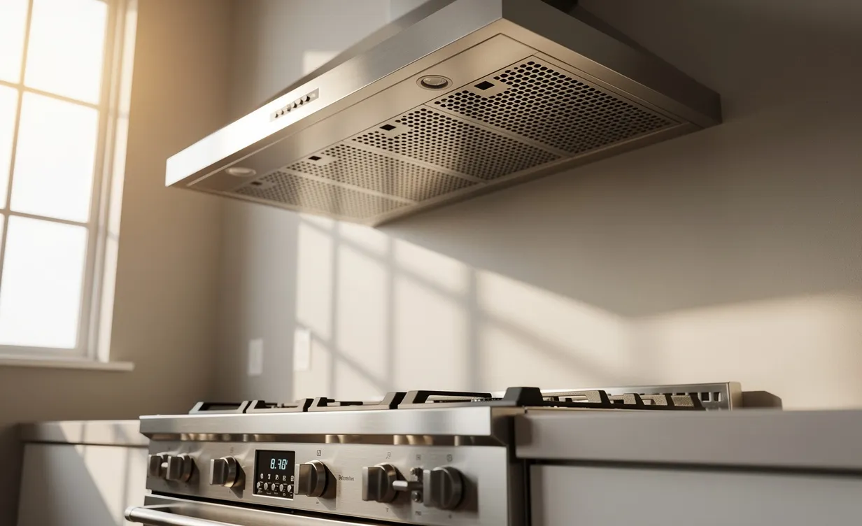 Gros plan sur une hotte de cuisine moderne en métal placée au-dessus d’une cuisinière en inox, éclairée par la lumière d’une fenêtre.