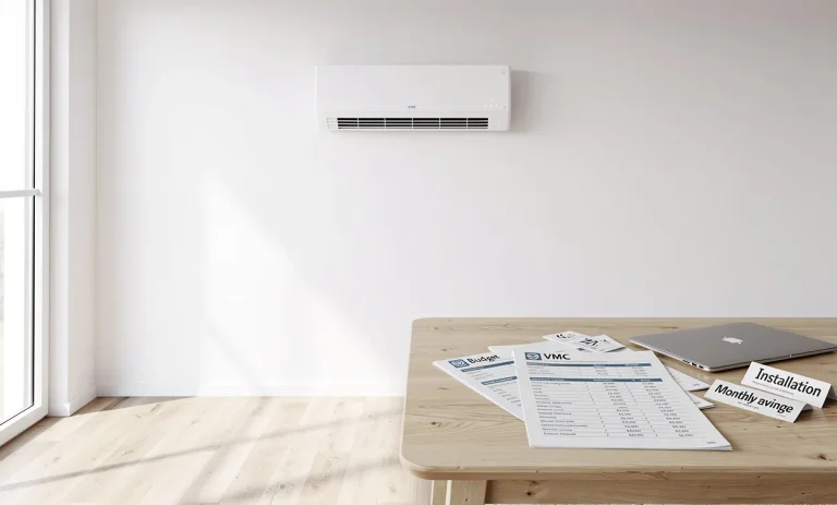 Un système de ventilation simple flux moderne est installé dans une pièce rénovée, avec des étiquettes de prix et des documents de budget posés sur une table en bois.