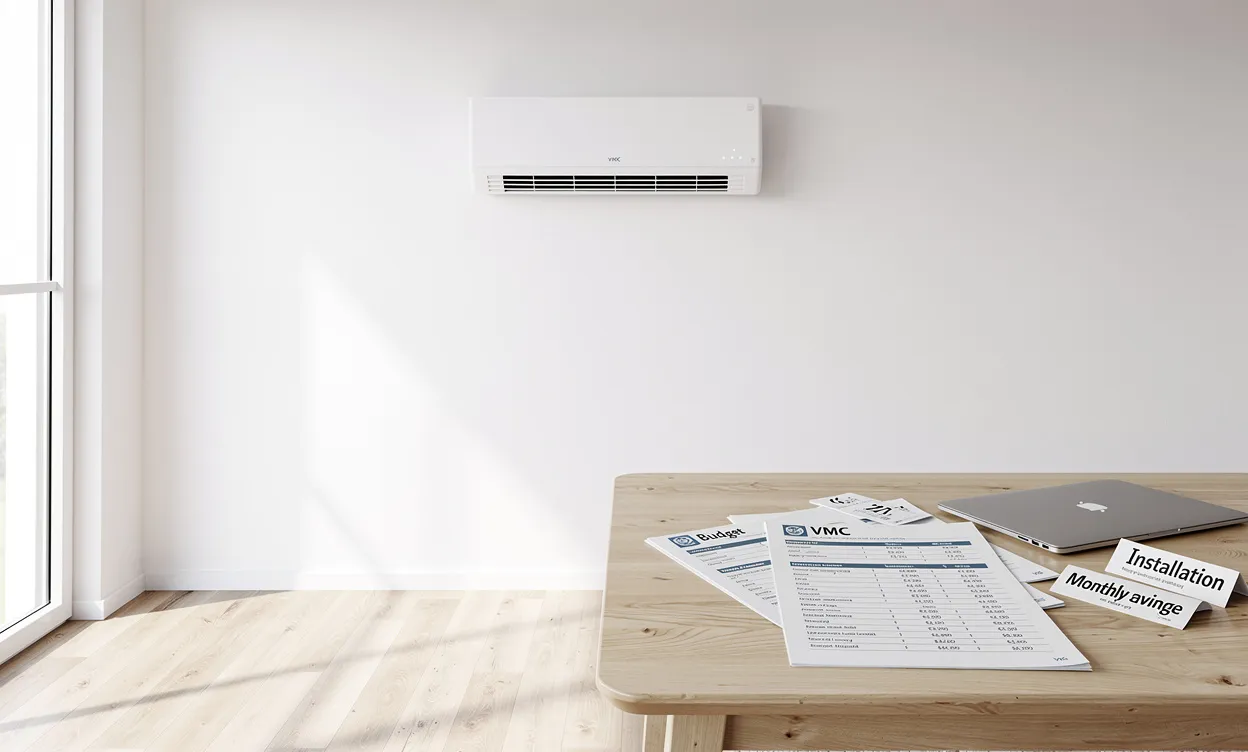Un système de ventilation simple flux moderne est installé dans une pièce rénovée, avec des étiquettes de prix et des documents de budget posés sur une table en bois.