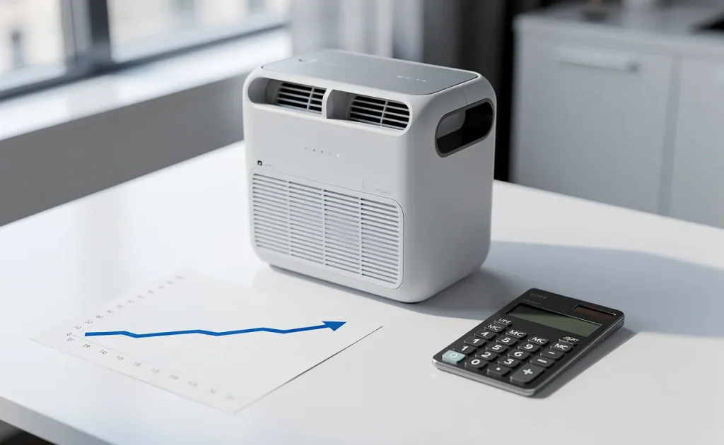 Système de ventilation double flux moderne posé sur un bureau avec une calculatrice élégante et un graphique illustrant l’augmentation des coûts.