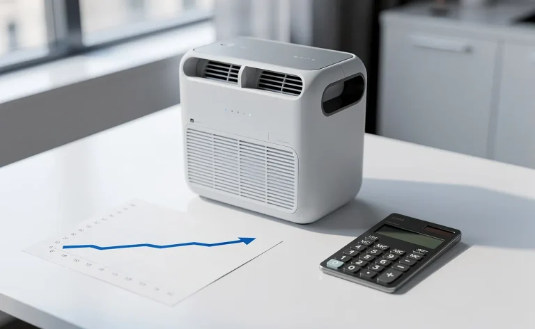 Système de ventilation double flux moderne posé sur un bureau avec une calculatrice élégante et un graphique illustrant l’augmentation des coûts.