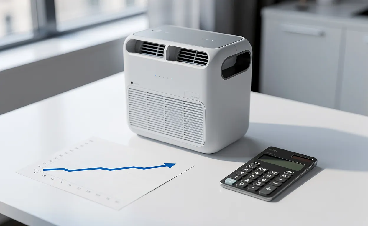 Système de ventilation double flux moderne posé sur un bureau avec une calculatrice élégante et un graphique illustrant l’augmentation des coûts.