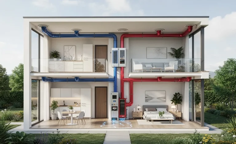 Coupe transversale d’une maison moderne montrant les conduits de ventilation double flux avec circulation de l’air et lumière du jour entrant par de grandes fenêtres.