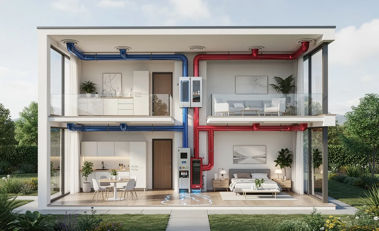 Coupe transversale d’une maison moderne montrant les conduits de ventilation double flux avec circulation de l’air et lumière du jour entrant par de grandes fenêtres.