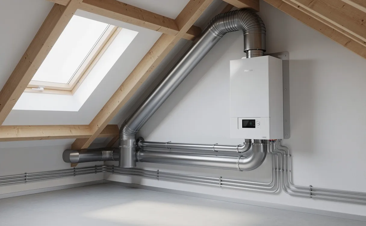 Unité de ventilation simple flux moderne installée dans les combles d’une maison contemporaine, avec gaines apparentes au plafond et lumière naturelle venant d’une lucarne.