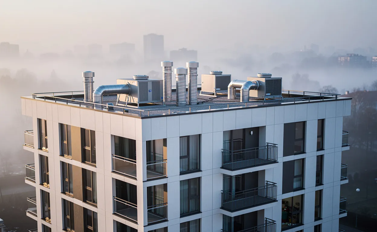 Un immeuble résidentiel moderne avec des conduits de ventilation et des unités VMC sur le toit, enveloppé d’une légère brume matinale.