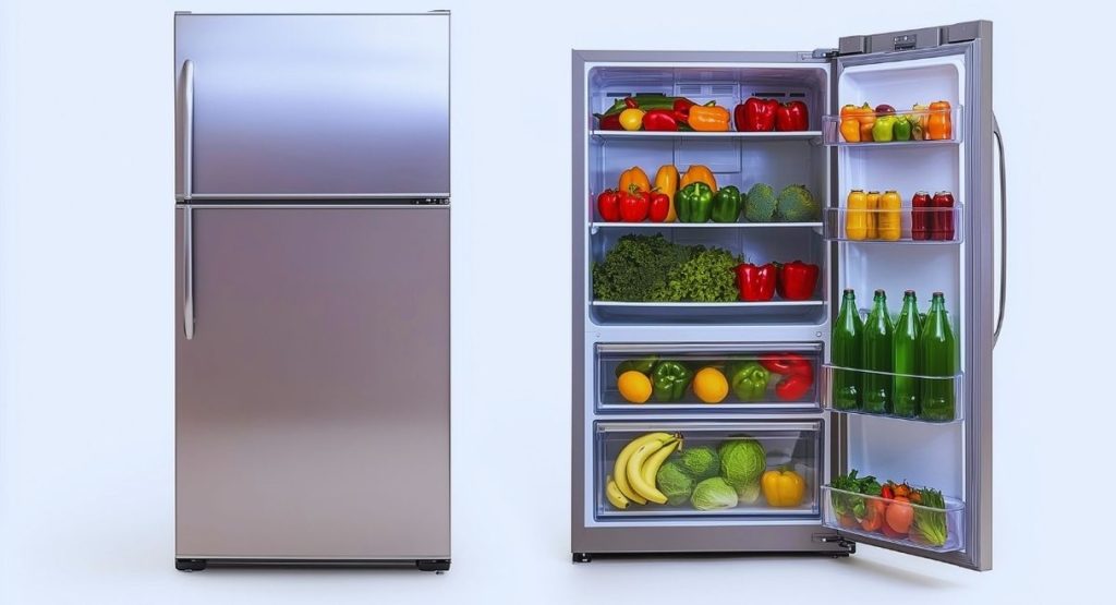 intérieur de réfrigérateur moderne rempli de fruits et légumes frais