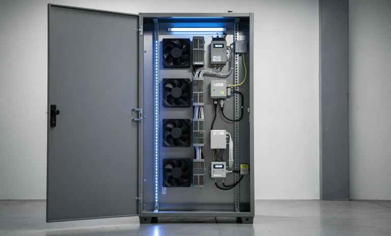 Armoire électrique industrielle avec la porte entrouverte, montrant des ventilateurs, des unités de ventilation et des lumières LED bleues sur fond d’acier.