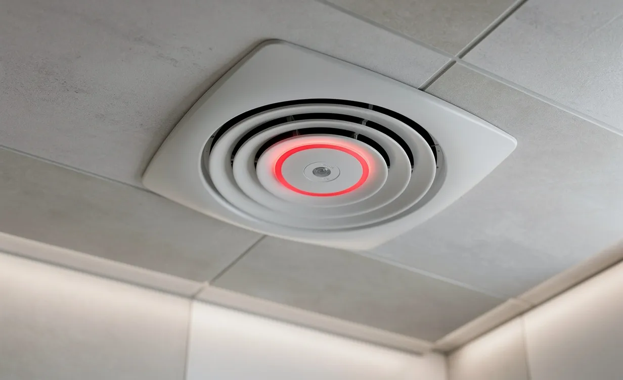 Plafond de salle de bains moderne avec une bouche de VMC munie d’un petit capteur entouré d’un discret voyant rouge, sur fond de carrelage sobre et éclairage tamisé.