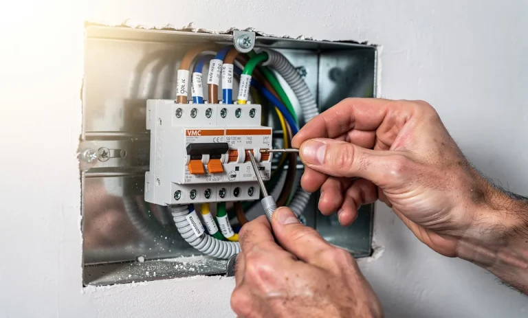 Un gros plan montre des mains connectant un interrupteur de ventilation double vitesse à une VMC dans un coffret électrique, avec câbles étiquetés et petit tournevis visible.
