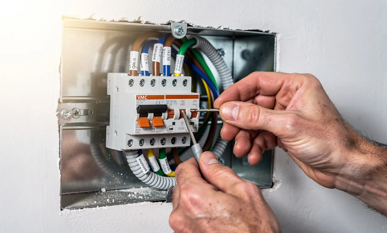 Un gros plan montre des mains connectant un interrupteur de ventilation double vitesse à une VMC dans un coffret électrique, avec câbles étiquetés et petit tournevis visible.