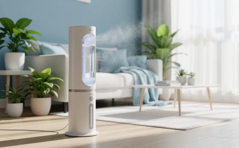 Un ventilateur à eau moderne diffuse une brume fraîche dans un salon lumineux décoré de plantes vertes et baigné d’une douce lumière naturelle.