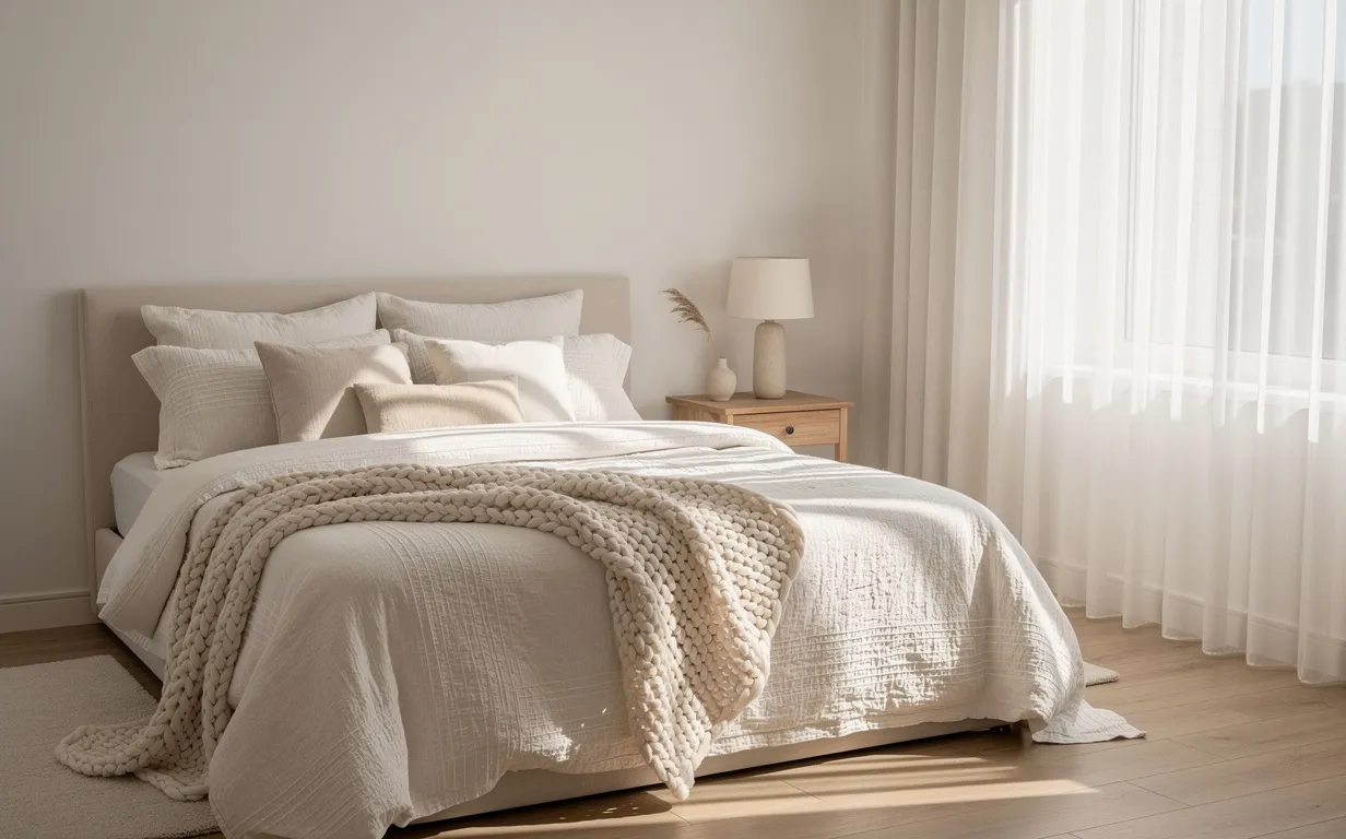 Chambre paisible décorée de blanc et de beige, avec des rideaux vaporeux, du linge de lit texturé et la lumière du soleil entrant doucement.