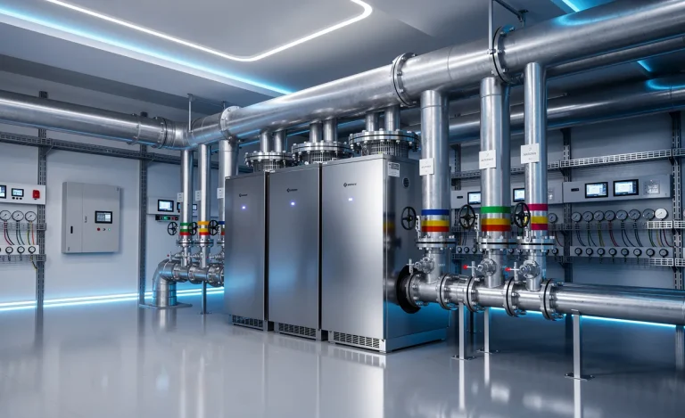 Système de climatisation à refroidissement par eau dans une salle technique moderne, avec groupes frigorifiques reliés par des tuyaux isolés et éclairage bleu sur des surfaces métalliques.